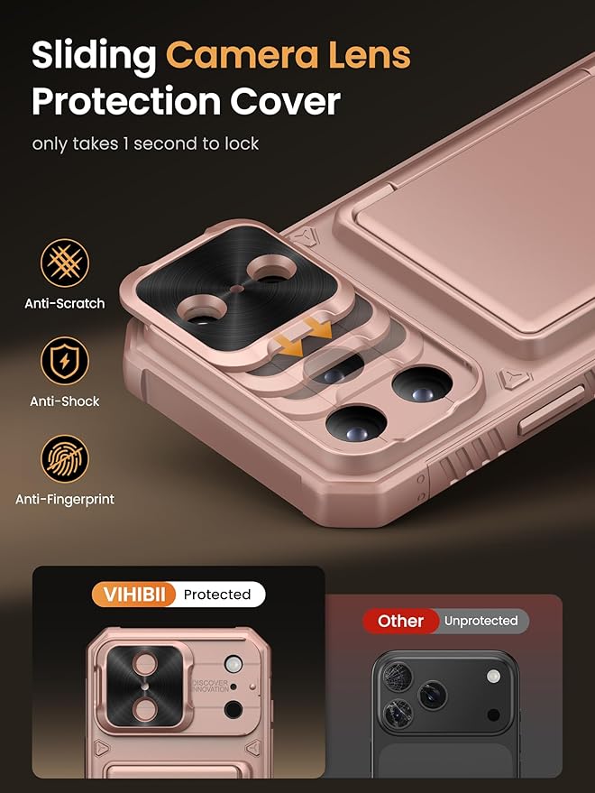 Vihibii for iPhone 17 Pro Max Case Wallet with Card Holder (4 Cards) [RFID Blocking] & Slide Camera Cover, Military Grade Drop Protection, Rugged Back & Silicone Edge Phone Case 6.9" 2025, Rose Gold
