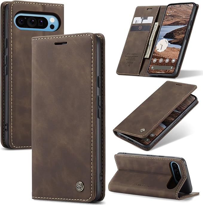 for Google Pixel 10 Pro XL/Pixel 9 Pro XL Case, Flip Wallet Leather Case with Card Holder Magnetic Closure Shockproof Kickstand Protective Phone Cases Cover, Coffee