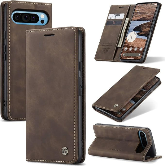 for Google Pixel 10 Pro XL/Pixel 9 Pro XL Case, Flip Wallet Leather Case with Card Holder Magnetic Closure Shockproof Kickstand Protective Phone Cases Cover, Coffee