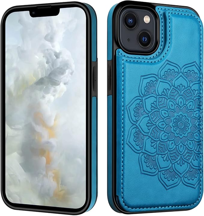 MMHUO for iPhone 14 Plus Case with Card Holder,Flower Magnetic Buttons Protective Wallet Case for Women for iPhone 14 Plus,Blue