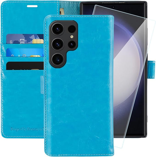 MONASAY Wallet Case Compatible for Galaxy S23 Ultra 5G,[RFID Blocking] Flip Folio Leather Cell Phone Cover with Credit Card Holder, 6.8 inch, Light Blue