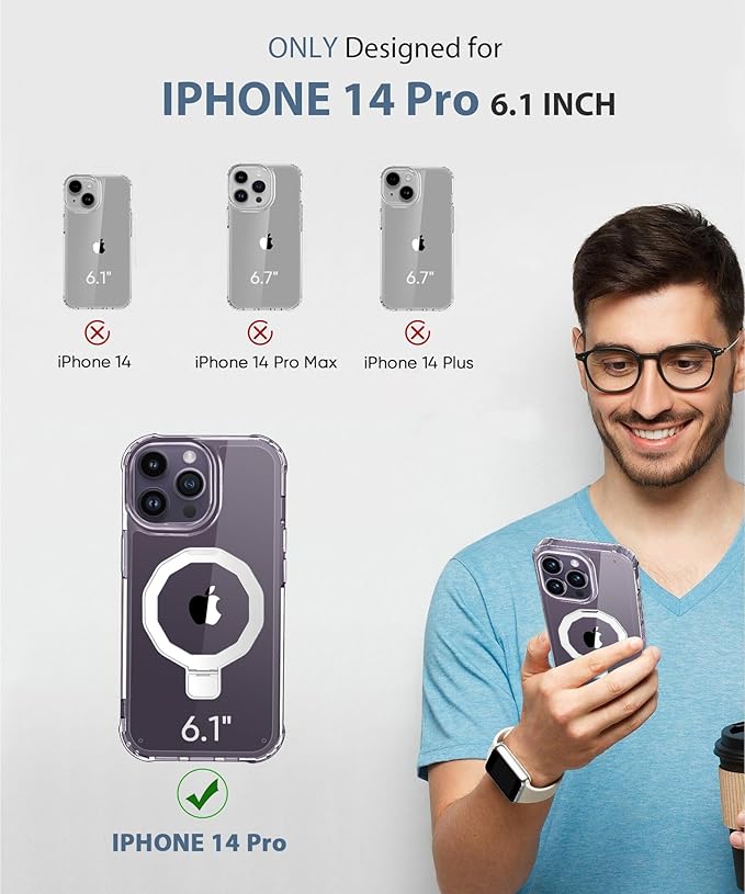 Compatible with iPhone 14 Pro Case, Built-in Screen Protector & Seamless Stand, with Camera Lens Protector, Strong Magnetic Clear Phone Case, Full Body Protective Cover for 6.1" (Clear)
