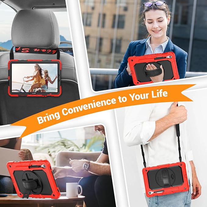 SEYMAC Case for Samsung Galaxy Tab S10 Lite/ S10 FE/ S9 FE/ S9 5G (10.9''/11''), Heavy Duty Shockproof Protective Case with Screen Protector, Rotating Stand, Hand Strap and Pen Holder, Red
