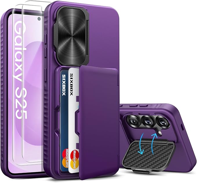 for Samsung Galaxy S25 Case Wallet, Built-in Stand with [2 Pack] Screen Protector & Card Holder & Camera Cover, Shockproof Rugged Protective Phone Cover Case for Samsung S25 6.2", Dark Purple