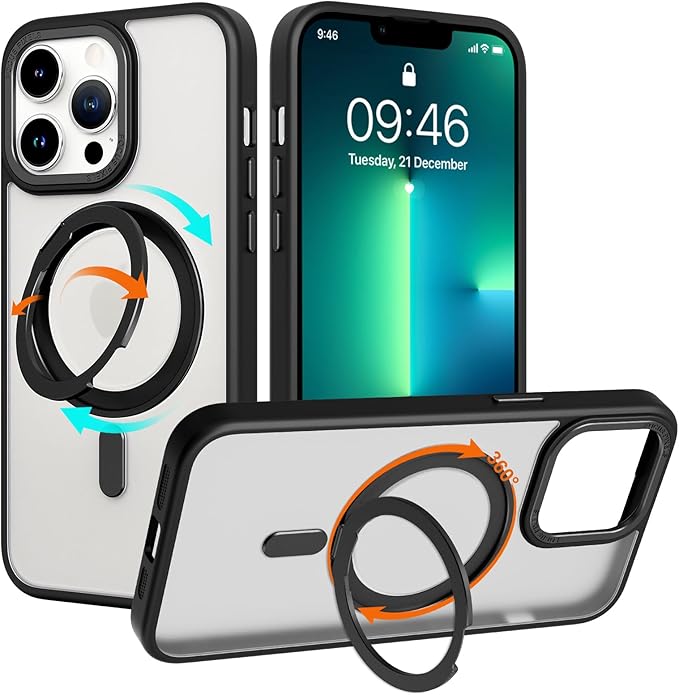 ZIYE Magnetic Case for iPhone 13 Pro Max Case with Stand [Compatible with MagSafe] Slim Shockproof Military Grade Heavy Duty Cover with 360 Rotatable Ring Kickstand for Women Men, Translucent Black