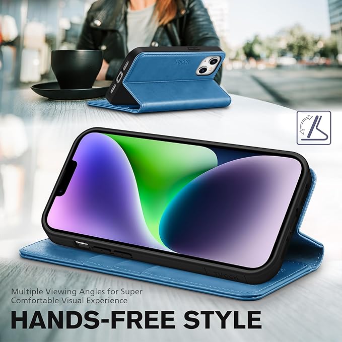 TUCCH Case for iPhone 14 Wallet Case 6.1", Premium PU Leather Folio Cover with [RFID Blocking] 3 Card Slot, Stand Book Design [Shockproof TPU Interior Case] Compatible with iPhone 14 2022, Light Blue