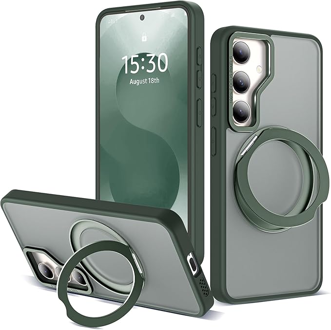 for Samsung Galaxy S25 Plus Case with 360°Rotatable Magnetic Ring Stand Compatible with Mag-Safe Military Protection Shockproof Matte Translucent Phone Cases for Galaxy S25+,Dark Green