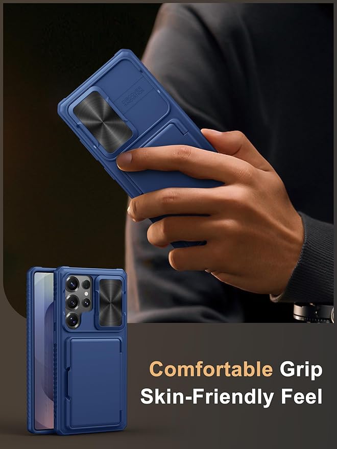 Vihibii for Samsung Galaxy S25 Ultra Case with Card Holder (4 Cards), [RFID Blocking] & Slide Camera Cover & Raised Edge Protect Screen, Shockproof Rugged Case for Samsung Galaxy S25 Ultra, Blue