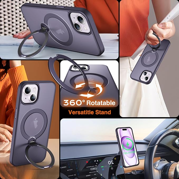 360° O-Ring MagStander for iPhone 15 Case with Magnetic Kickstand Ring Holder [Compatible with MagSafe][360°Rotate Stand Ring][Military Shockproof] Magnet iPhone 15 Phone Cover Matte Purple