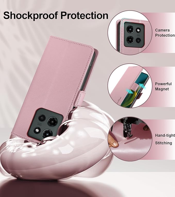 Wallet Flip Case for Moto G 5G (2025) - [RFID Blocking] Luxury PU Leather Card Holder Magnetic Phone Cover with Kickstand,Shockproof Protective Case,Pink