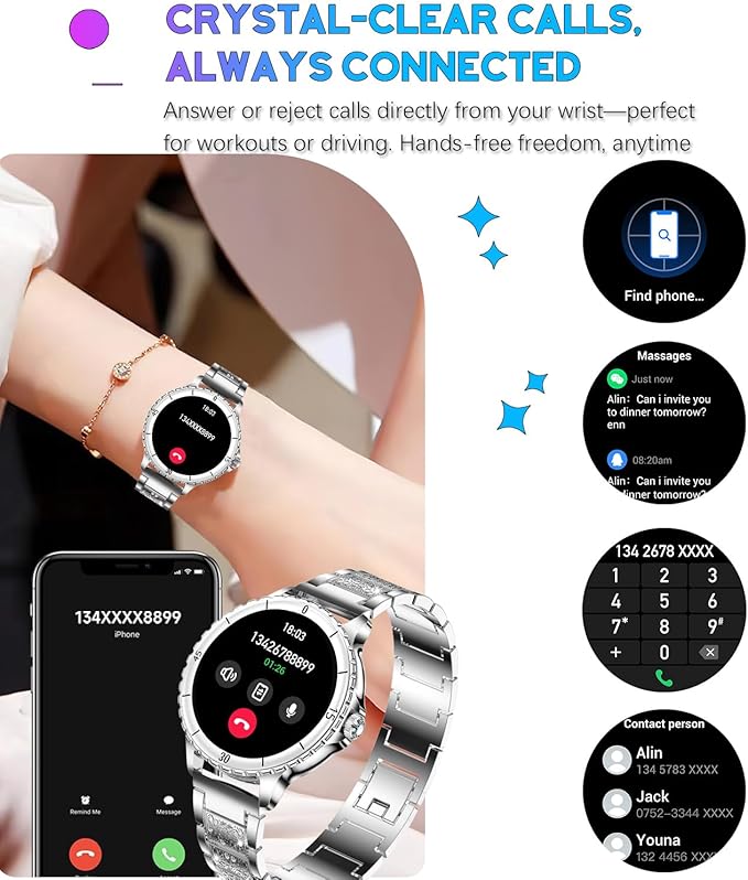 Smart Watch for Women, 1.27" HD Display,Answer/Make Calls, IP68 Waterproof Sports Women's Smartwatch, Fitness Tracker,Heart Rate Monitor, Pedometer – Compatible with Android & iOS (Silver)