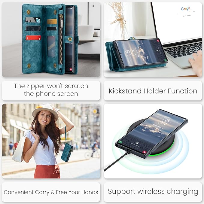 SZHAIYU 2 in 1 Detachable for Samsung Galaxy S24 Ultra Wallet Case with Card Holder, Retro Premium Flip Leather Cover Magnetic Zipper Pocket Phone Cases 6.8'' (Blue, S24 Ultra)