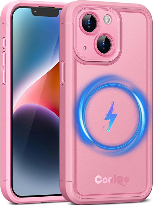 COOLQO Magnetic for iPhone 14 Plus/15 Plus Case, Compatible with MagSafe, Dual Layer Design Military Grade Protection, Translucent Matte Scratch-Resistant Back Protective Shockproof Phone Case, Pink