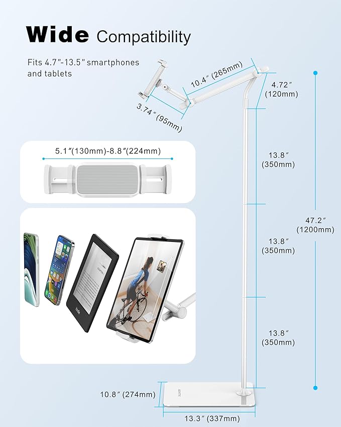 AboveTEK Tablet Floor Stand,Stylish Adjustable Height iPad Floor Stand with Stable Base,Aluminum 360° Rotation Holder for Sofa Bed,Fits 4.7-13.5"iPad Pro 12.9/Air/Mini,Galaxy Tab,iPhone, Kindle(White)