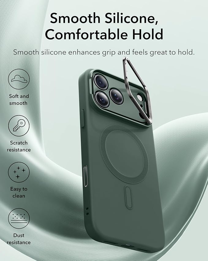 ESR Silicone Case for iPhone 17 Pro, Built-in Camera Stash Stand Compatible with MagSafe, Military-Grade Drop Protection Magnetic Phone Case for iPhone 17 Pro, Cloud Series, Olive Green