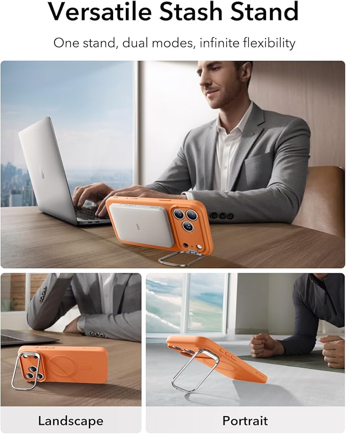 ESR Silicone Case for iPhone 17 Pro Max, Built-in Camera Stash Stand Compatible with MagSafe, Military-Grade Drop Protection Magnetic Phone Case for iPhone 17 Pro Max, Cloud Series, Orange