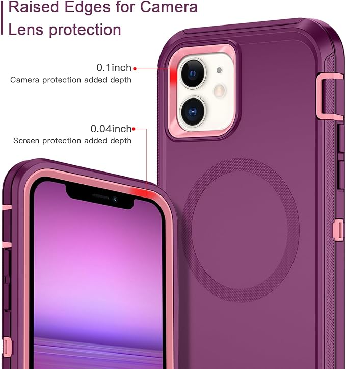 for iPhone 12 Case,iPhone 12 Pro Case [Compatible with MagSafe] Shockproof 3-Layer Full Body Protection Rugged Heavy Duty Cover for Apple iPhone 12/12 Pro 6.1",Purple/Pink