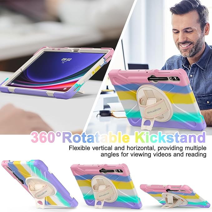 BRAECN for Galaxy Tab S10 Plus Case 2024&S9 FE Plus/S8 Plus/S7 Plus /S7 FE 12.4 Inch,Heavy Duty Shockproof Case with S Pen Holder&360 Rotating Hand Strap/Kickstand/Shoulder Strap for Tab S10+,Rainbow