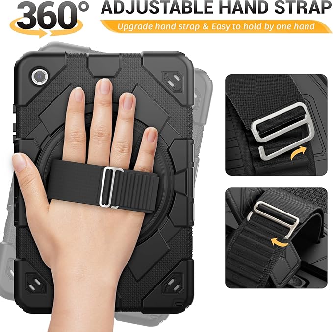 HXCASEAC Case for Samsung Galaxy Tab A9 Plus/A9+ 11 Inch with Screen Protector/Adjustable Hand Strap/Pen Holder, 3-Layer Drop Proof SM-X210/X216/X218- Black