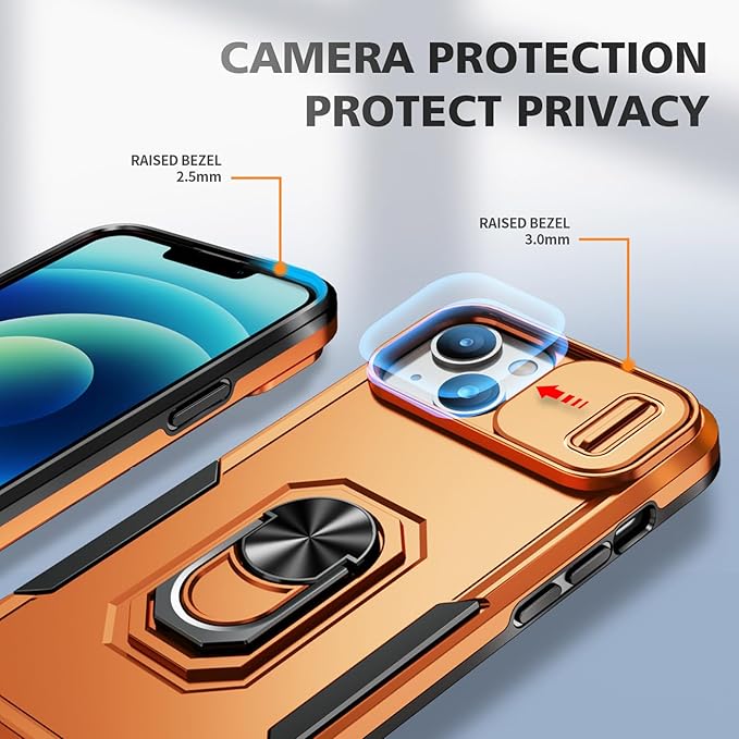 Phone Case for iPhone 14 Case with Camera Lens Cover, with Ring Holder Kickstand, fit Magnetic Car Mount, for iPhone 14 - Orange