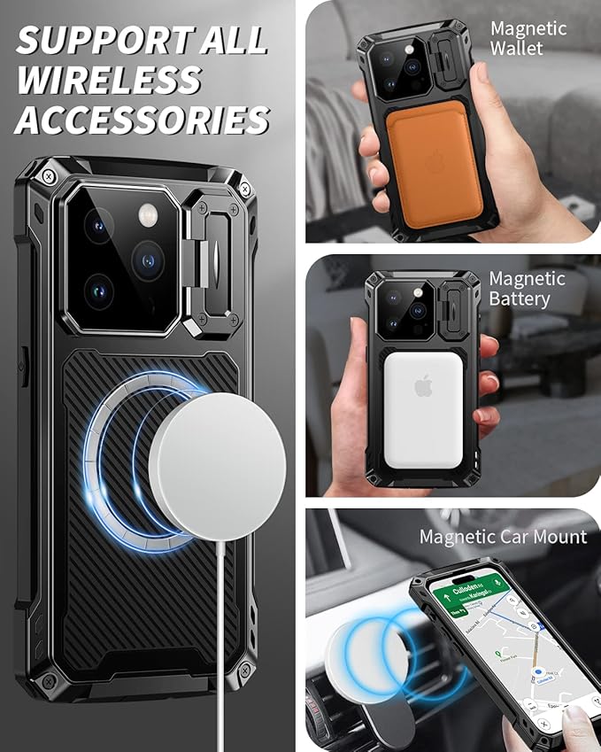 Lanhiem Magnetic for iPhone 14 Pro Metal Case, [Built-in Camera Kickstand & Glass Screen Protector] Heavy Duty Full Body Rugged Protective Military Magsafe Cover for iPhone 14 Pro 6.1" (Black)