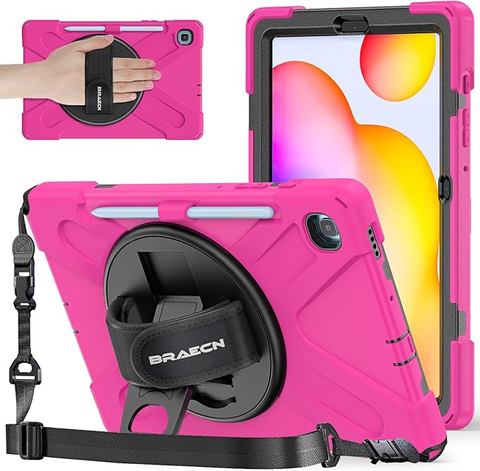 BRAECNstock for Samsung Galaxy Tab S6 Lite Case 10.4 inch 2024/2022/2020 (SM-P620/P610/P615/P619) Shockproof Protective Tab S6 Lite Case Kids with Pencil Holder Rotating Stand & Hand Strap - Rose Red