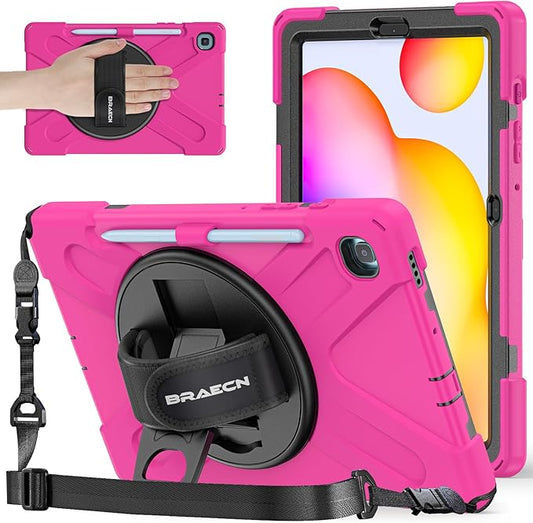 BRAECNstock for Samsung Galaxy Tab S6 Lite Case 10.4 inch 2024/2022/2020 (SM-P620/P610/P615/P619) Shockproof Protective Tab S6 Lite Case Kids with Pencil Holder Rotating Stand & Hand Strap - Rose Red