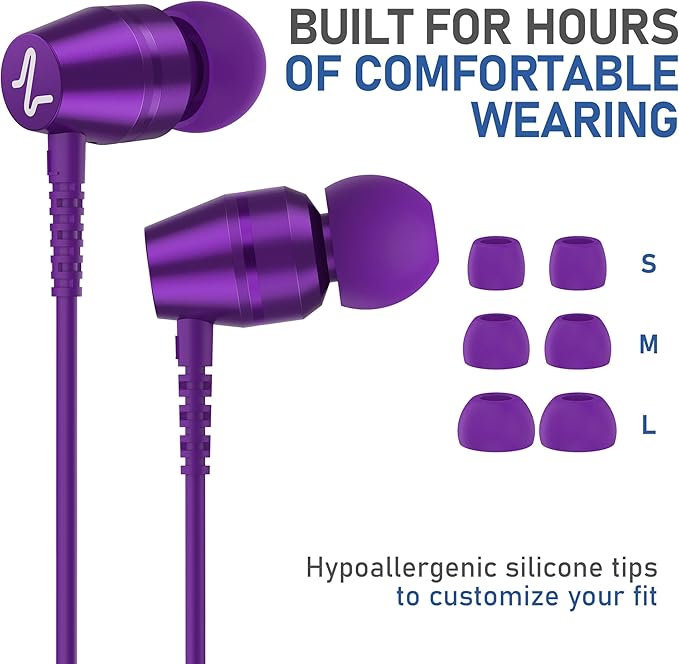 LUDOS OMNITONE Wired Earbuds in-Ear Headphones, 5 Years Warranty, Earphones with Microphone, 3.5 mm Jack Corded Ear Buds, Videoconference for iPhone, Samsung, Laptop, Kids, School Students - Purple