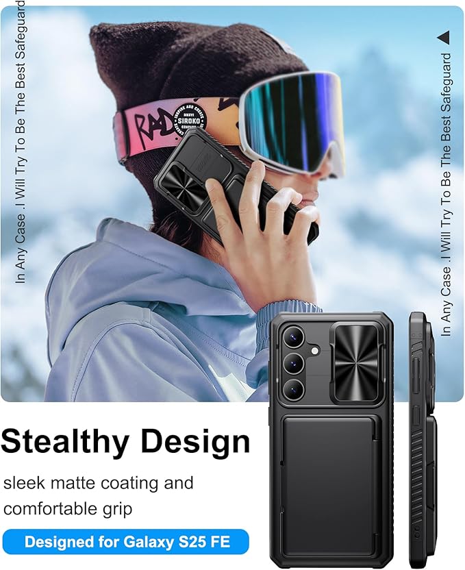 for Samsung Galaxy S25 FE Case Wallet, Card Holder (4-5 Cards), Slide Camera Cover, Military Drop Protection, Rugged Heavy Duty Men Women Protective Phone Case for Galaxy S25 FE 6.7" 2025, Black