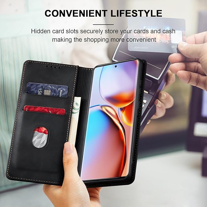 Jasonyu Flip Wallet Case for Motorola Edge+ (2023)/Moto Edge Plus (2023),Leather Magnetic Folio Cover with Card Holder,Kickstand - TPU Shockproof Durable Protective Phone Case,Black