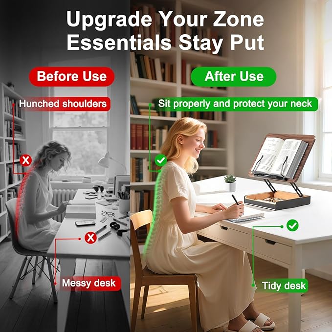 Book Stand with Storage, Book Holder for Reading Hands Free, Wooden Cookbook Stand for Kitchen Counter, Adjustable Reading Stand for Desk, Recipe Stand, Book Prop for Book Lovers