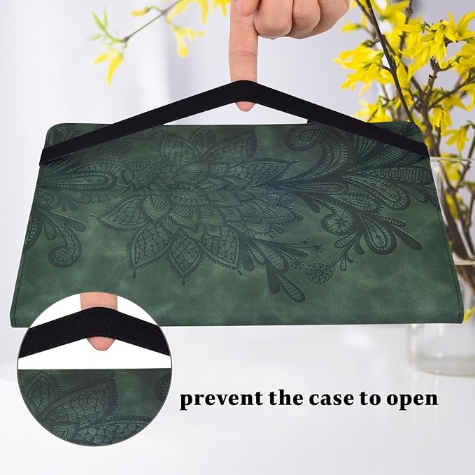 Case for Lenovo Tab M9 9 inch (TB-310FU), Embossed Lace PU Leather Flip Folio Protective Tablet Case with Elastic Band Card Slots Pen Holder, Multi-Angle Viewing Stand Cover - Green