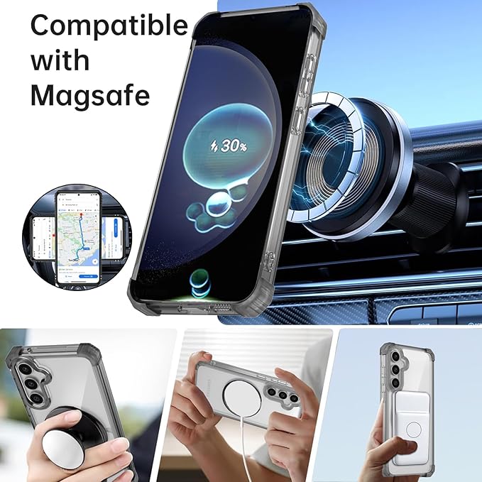 for Samsung Galaxy S23 FE Case Magnetic Compatible with MagSafe,with 2 Screen Protector,Built-in Camera Cover+Stand Ring,Military Grade Drop Shockproof Heavy Duty Protection Phone Bumper Black