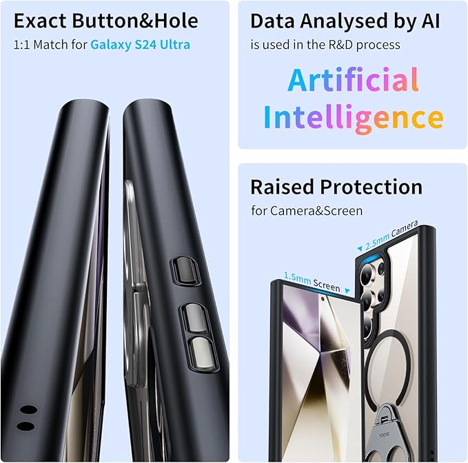 for Samsung Galaxy S24 Ultra Case Clear with Ring Holder,Kickstand 360°Rotatable Invisible Magnetic Built-in Stand [Compatible with MagSafe] [Drop Protection] Slim Soft Edge Cover,Black