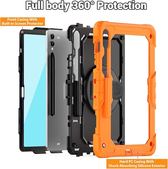 SEYMAC Case for Samsung Galaxy Tab S10+/S9 FE+/S9+ Plus 12.4" - Heavy Duty Shockproof Protective Case with Screen Protector, Stand, Hand/Shoulder Strap and Pen Holder, Orange