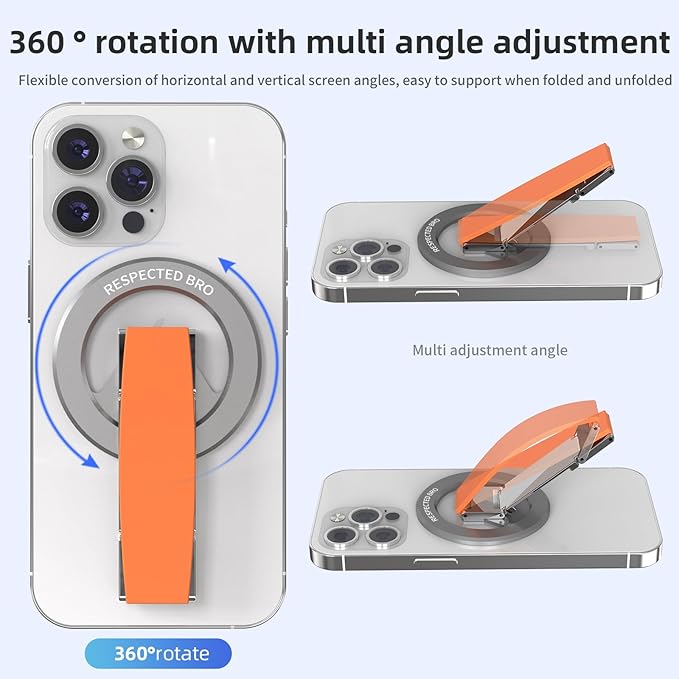 Magnetic-Phone-Grip-Stand, Magnetic Phone Ring Holder Kickstand with Silicone Finger Strap, Compatibility for iPhones, Androids, and More (Orange)