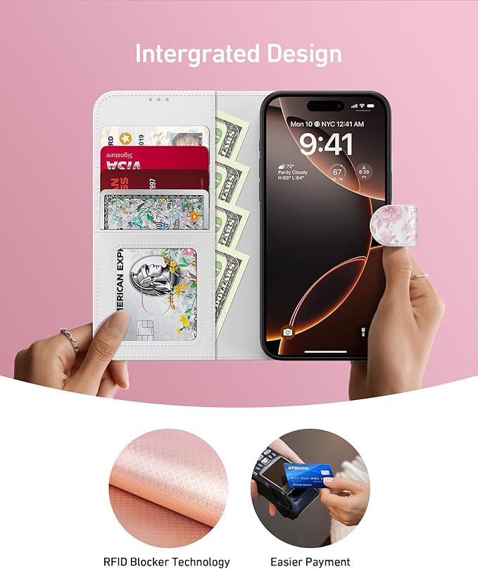 DEENAKIN for iPhone 15 Pro Wallet Case with Card Holder + Cash Clip, RFID-Blocking, Military-Grade Drop Protection, Magnetic Closure with Leather Kickstand - Blooming Pink Roses