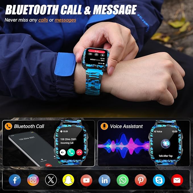 Military Smart Watch for Men with Call/LED Flashlight/UV Light 1.96" Big Screen 3ATM Waterproof Rugged Tactical Smartwatch Fitness Tracker with HR/Sleep Monitor for iPhone Android