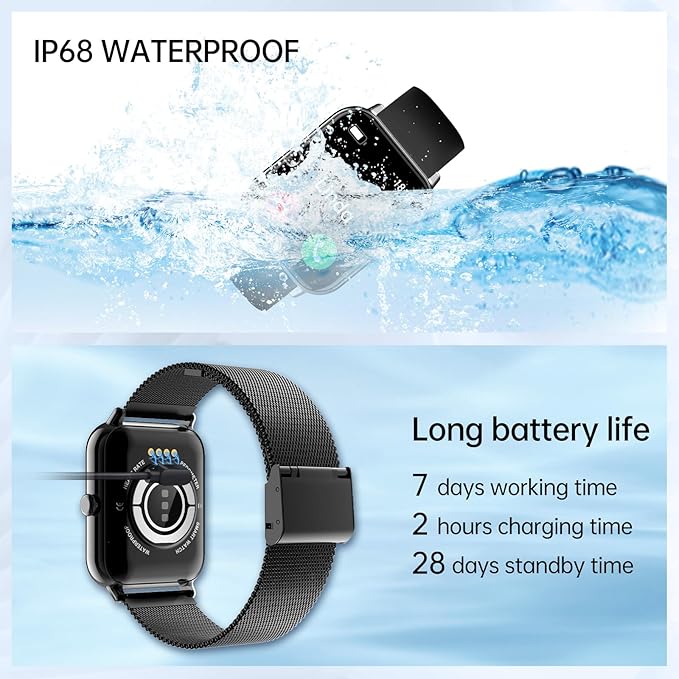 Smart Watch for Men Women (Answer/Make Calls) 1.85" HD Fitness Tracker Smartwatch Compatible Android iOS Phones with Step Counter/Heart Rate/Sleep,120+ Sports Modes IP68 Waterproof, Black 2 Bands