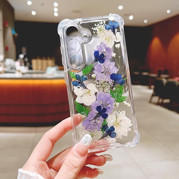 Compatible with Samsung Galaxy S24 Plus Case Cute Pressed Dried Real Flowers Design Women Girly Shockproof Soft TPU Floral Clear Phone Cover for Galaxy S24+ (Purple Flower)