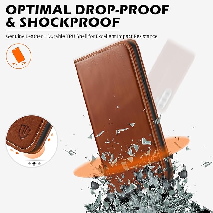 SHIELDON Case for Galaxy S25 6.2", Genuine Leather Flip Wallet Book Case Magnetic RFID Blocking Credit Card Holder Kickstand Shockproof Cover Compatible with Galaxy S25 5G 2025 - Retro Brown