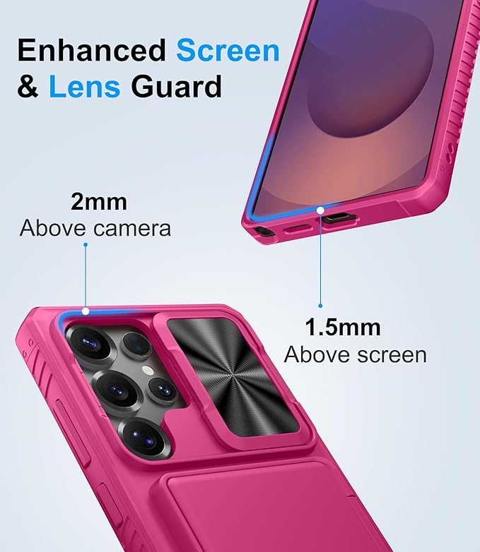 for Samsung Galaxy S25 Ultra Phone Case Wallet, Card Holder (4-5 Cards), RFID Block, Slide Lens Cover & Military Grade Drop Protection, Heavy Duty Men Women Case for Samsung S25 Ultra, Hot Pink
