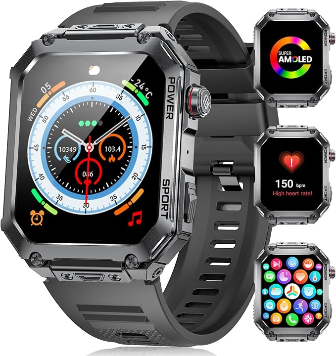 LIGE Military Smart Watches for Men, 1.96'' HD Screen with Answer Make Call Smart Watch for iOS Android, Fitness Tracker with Heart Rate/Blood Pressure/Sleep Monitor, 5ATM Waterproof(2 Silione Straps)