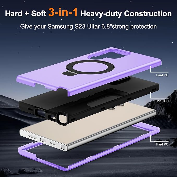 Designed for Samsung Galaxy S23 Ultra Case with Magnetic Ring Stand [Compatible with Mag-Safe][Military Grade Drop Protection][Build in Kickstand] S23 Ultra Phone Case 6.8",Light Purple