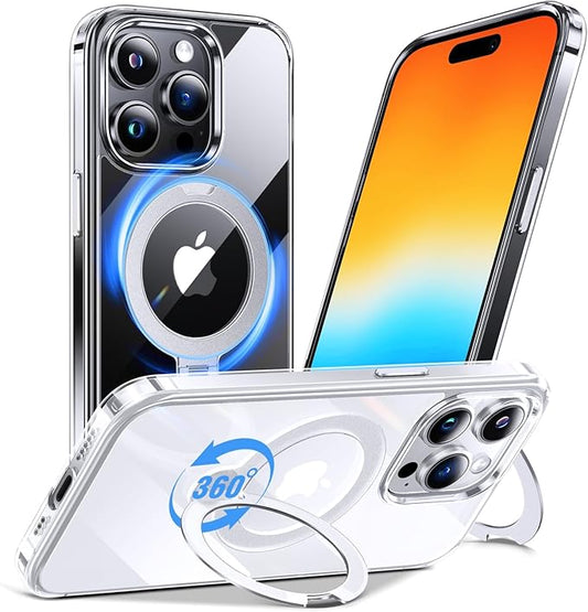 Anqrp 360° All-in-ONE Crystal Clear Case for iPhone 15 Pro with Rotatable Magnetic Stand, Compatible with MagSafe, Anti-Yellowing Transparent MIL-Grade Shockproof Phone Case Cover for iPhone 15 Pro