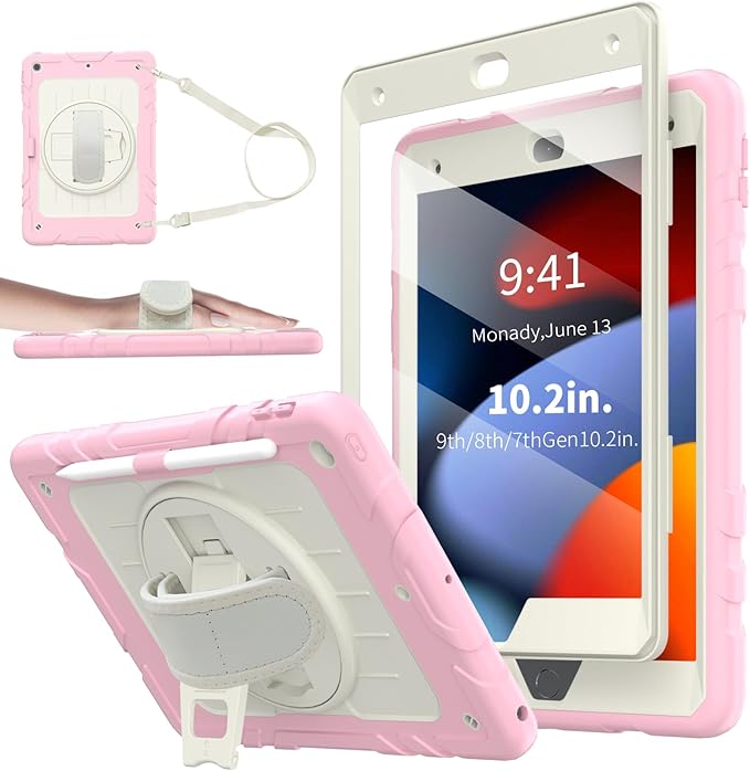Case for iPad 9th/8th/7th Generation-Built-in Screen Protector,with Pencil Holder&360°Rotating Hand Strap,Shoulder Strap,Case for iPad 10.2 inch 2021-2019(Pink/Beige)