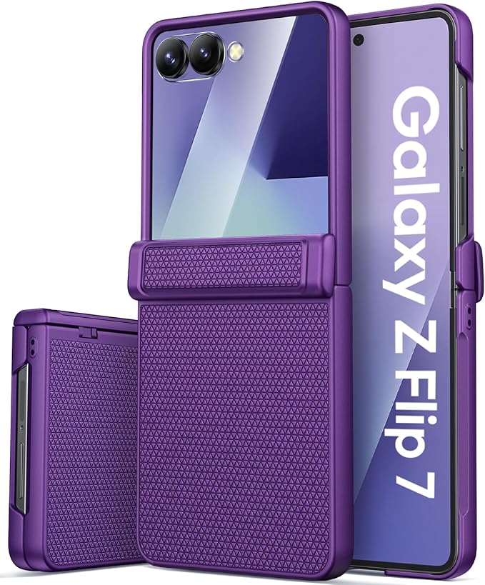 Vihibii for Samsung Galaxy Z Flip 7 Slim Case with Rugged Hinge Protection & Outer Screen Protector & Non-Slip Texture, Shockproof Durable Phone Case Cover for Samsung Z Flip 7 5G 2025, Dark Purple