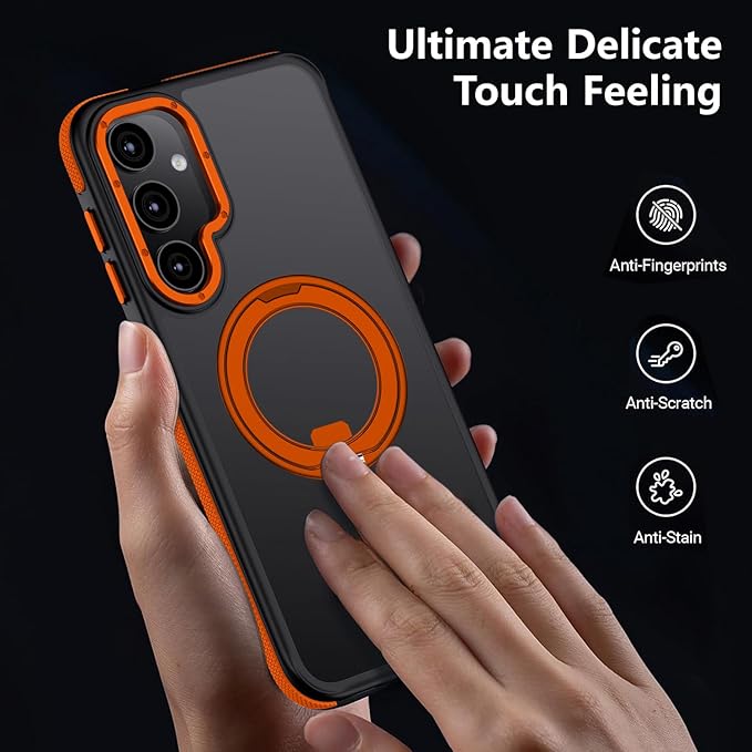 360°Spin Magnetic Stand for Samsung Galaxy S25 Plus Case, [Compatible with Magsafe] Military Grade Drop Protection, Matte Hard Slim S25 Plus Phone Case with Kickstand & Ring Holder (Orange)3