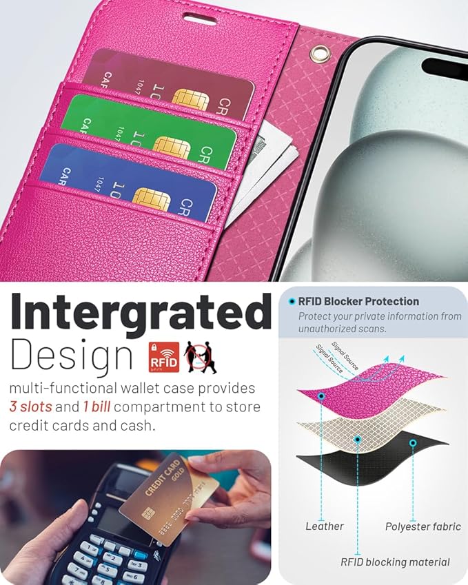 OCASE Compatible with iPhone 15 Wallet Case, PU Leather Flip Folio Case with Card Holders RFID Blocking Kickstand [Shockproof TPU Inner Shell] Phone Cover 6.1 Inch 2023, Rose