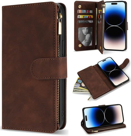 ZZXX for iPhone 14 Pro Max Case Wallet with [RFID Blocking] Card Slot Soft PU Leather Zipper Flip Folio with Wrist Strap Kickstand Protective Cover for iPhone 14 Pro Max Wallet Case(Coffee-6.7 inch)
